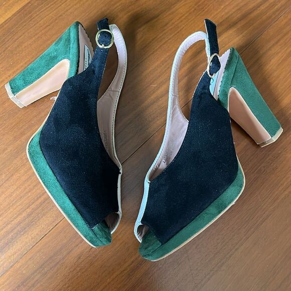 Lulu Hun ModCloth Black, White & Green peep toe Slingback Heels platform size 9 - Picture 3 of 10